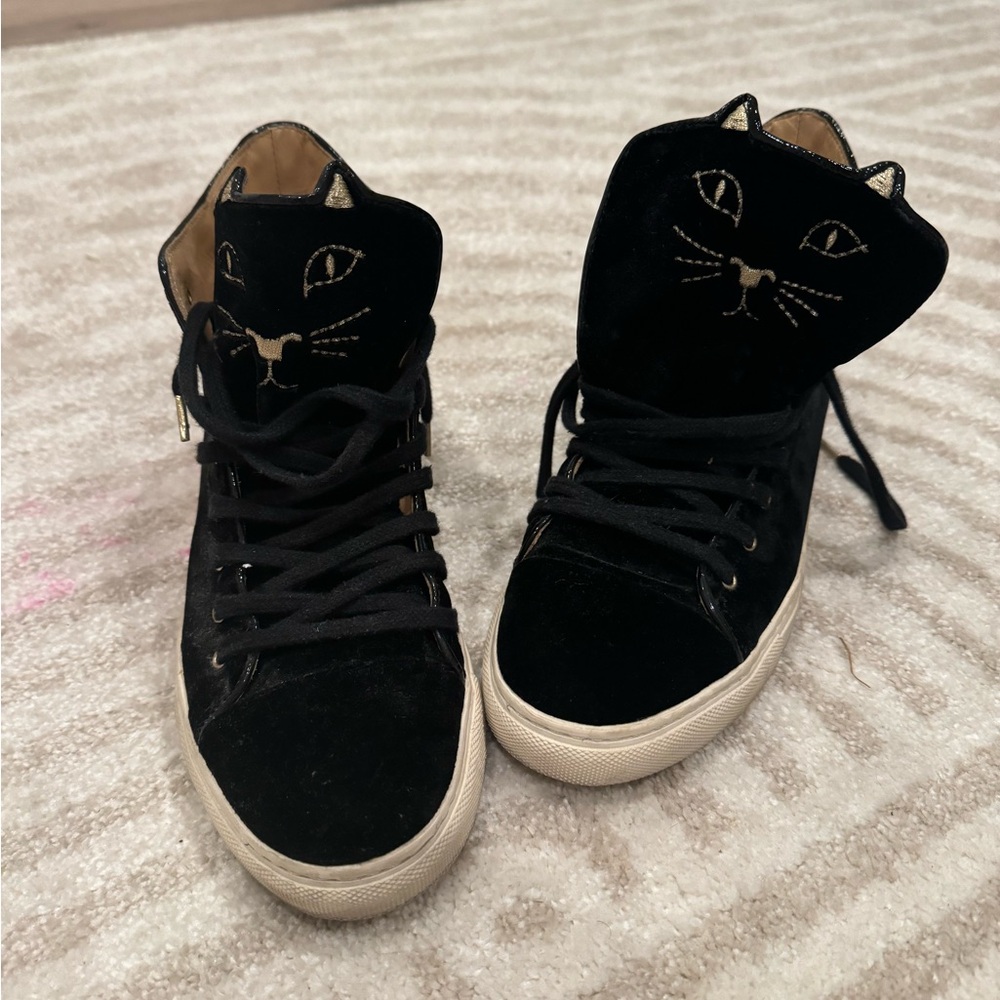 Black Velvet Cat-Embroidered High-Top Sneakers